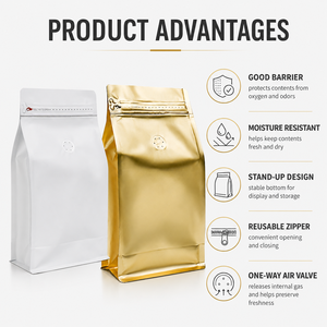 Sachet à fond plat pour grains de café sans valve, fermeture éclair, emballage en aluminium avec logo personnalisé, 250g 500g <span class=keywords><strong>1kg</strong></span>, vente en gros, fourniture OEM - Product Image 3