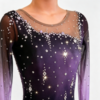Robe de patinage artistique à manches longues, dégradé noir et violet, avec strass faits à la main, dos lacé en maille, pour filles et adultes