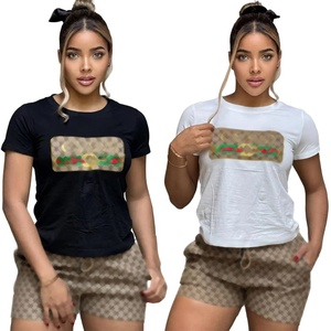 Ensemble de shorts décontractés pour femmes de luxe, deux pièces, longueur au-dessus du genou, manches courtes, été, 100% coton - Product Image 1