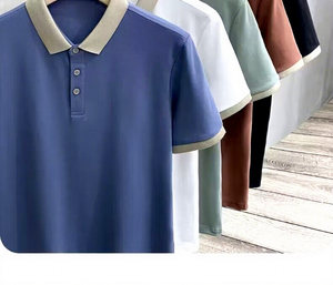 Camicia Estiva <span class=keywords><strong>da</strong></span> Uomo in Seta Ghiaccio a Righe con Colletto a Contrasto in Filo Dorato, Manica Corta, Casual - Product Image 2