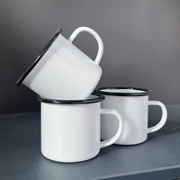 Mug de camping réutilisable vintage à pois avec logo personnalisé, portable, 350 ml, émail blanc, sans BPA, passe au lave-vaisselle