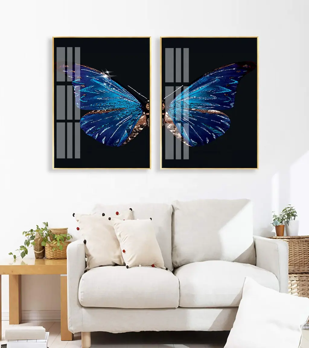 2 Panels Butterfly Glass Porcelain Painting with Aluminum Framed For Decorative Home Wall Art