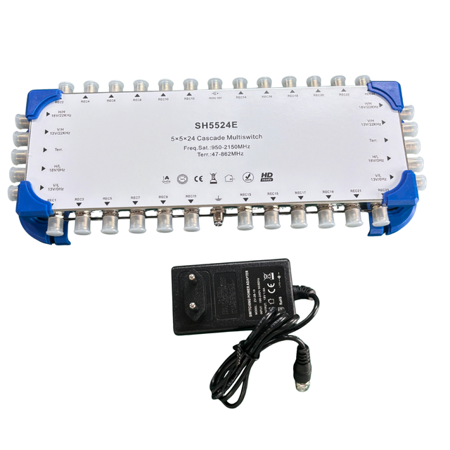 SH5524E 5x5x24 Cascade Multiswitch 5 Input 24 Output Satellite TV Signal Splitter with EU Power Adapter