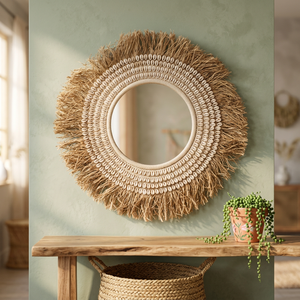 Espejo de Pared Redondo Tejido a Mano Personalizado con Flecos de Ratán, Espejo Decorativo Colgante, Decoración Bohemia Náutica y de Playa - Product Image 3