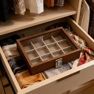 Boîte de présentation de bijoux en bois et verre avec couvercle transparent, compartiments à grille et boucle métallique pour la vente au détail - Product Image 3