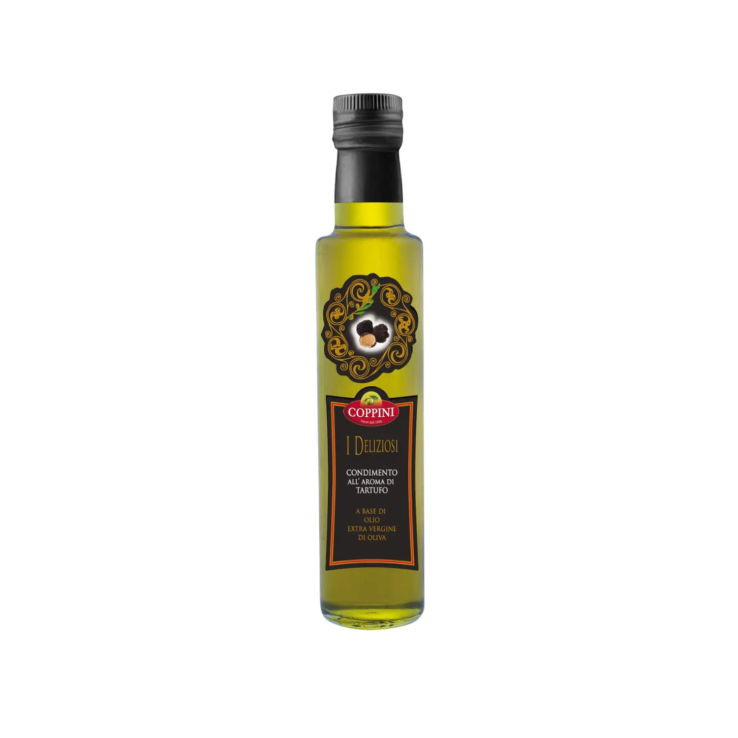 Aceite de trufa Coppini recién saborizado de calidad-Botella de aceite de oliva EVO de 0,25 L-Una Oda a las ensaladas y carnes