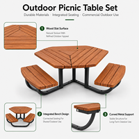 Table de pique-nique hexagonale géométrique moderne, surface en bois, structure en acier inoxydable 304, table à manger extérieure intégrée pour parc et jardin