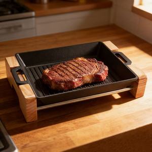 Plat <span class=keywords><strong>de</strong></span> <span class=keywords><strong>cuisson</strong></span> rectangulaire <span class=keywords><strong>en</strong></span> <span class=keywords><strong>fonte</strong></span> <span class=keywords><strong>émaillée</strong></span> antiadhésif à rayures pour camping et usage domestique, avec deux poignées latérales, facile à nettoyer - Product Image 4