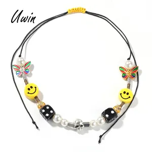 Collar personalizable con forma de sonrisa, colgante con perlas, mariposa, Calavera, dados, nombre, alfabeto