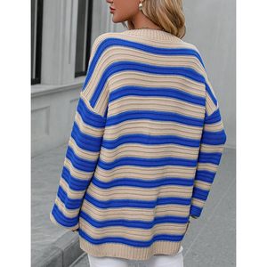 Pull en maille rayé oversize pour femme, col rond, manches longues, coupe ample, color block, anti-boulochage, décontracté, automne - Product Image 5