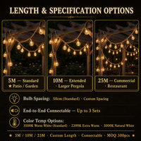 Guirnalda de Luces Solares con Cable de Cáñamo, IP44, 5-25M, Estilo de Bombilla Personalizable, Reemplazable, 3500K, Ra80, para Restaurante, Boda, Camping, OEM