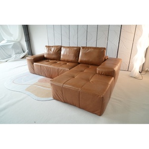 Canapé modulaire en forme de L, sectionnel, en similicuir marron, sans structure, avec chaise longue et assise profonde, style villa moderne, écologique, effet nuage - Product Image 2