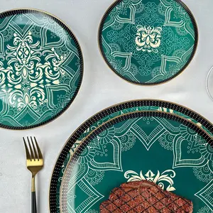 Juegos de vajilla de lujo de estilo nórdico, vajilla de porcelana, platos con borde dorado, juego de cena de porcelana china