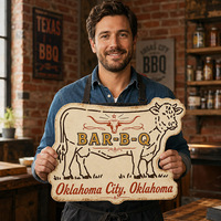 Plaque en métal gaufrée vintage Bar-B-Q Longhorn Cow Oklahoma City pour décoration murale de restaurant, personnalisable, fabrication OEM directe d'usine