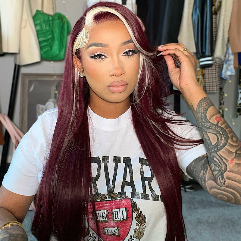 99j burgundy & blonde skunk stripe wig straight