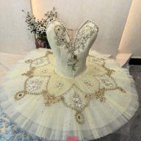 Gaun Tutu Balet Profesional Berhias Emas untuk Anak-anak, Tutu Pancake Tanpa Lengan dengan Renda Berhias Berlian Imitasi untuk Anak Perempuan, Ideal untuk Pertunjukan