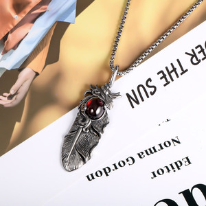 European American Style Feather Pendant <b>Necklace</b> With <b>Ruby</b> Inlay Bezel Setting Fashion Sweater Chain Charm SP435 - Product Image 3
