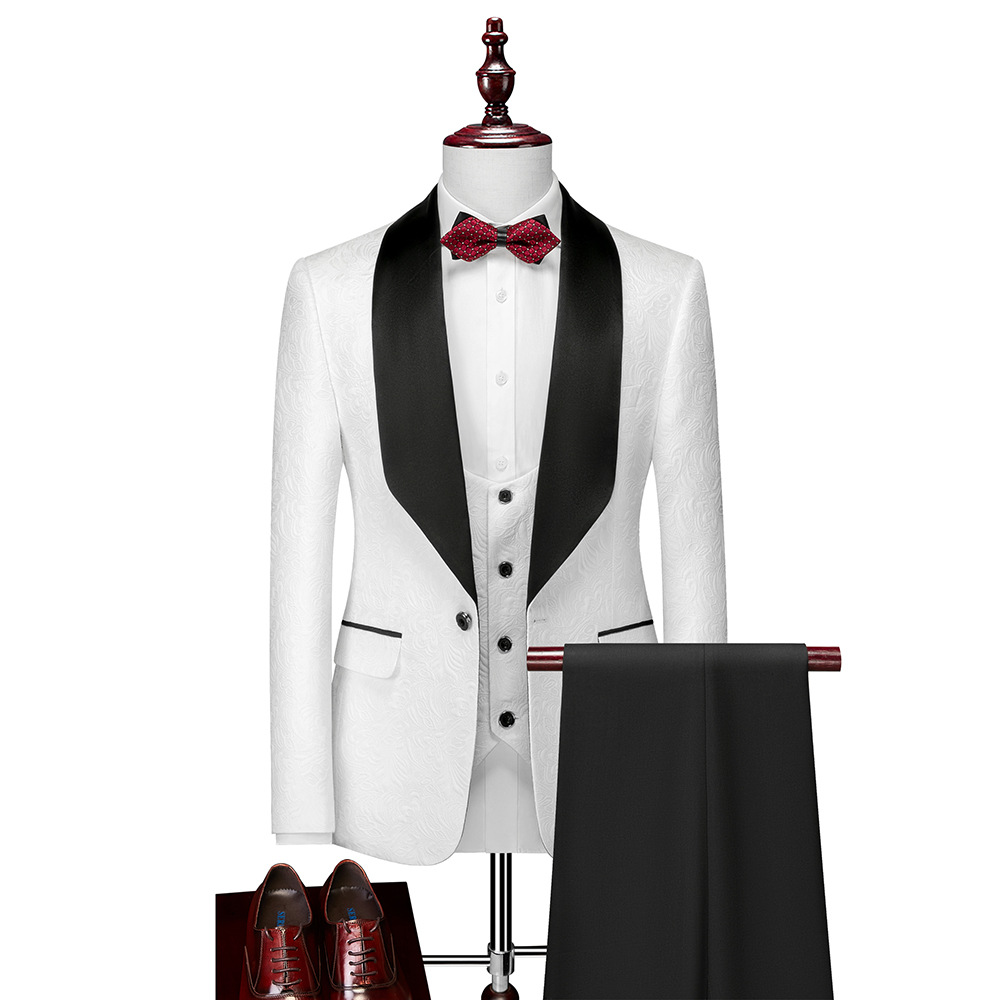 Men's ( Jacket+Vest+Pants ) Wedding Suits White Jacquard Black Satin Collar Tuxedo 3 Pcs Groom Terno Suits For Men