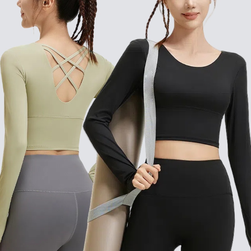 Yimo Women Beauty Back Long Sleeve With Pad Yoga Top Lady Fashion Cross Back Sport Top Female Sexy Quick Dry Gym Workout Clothes