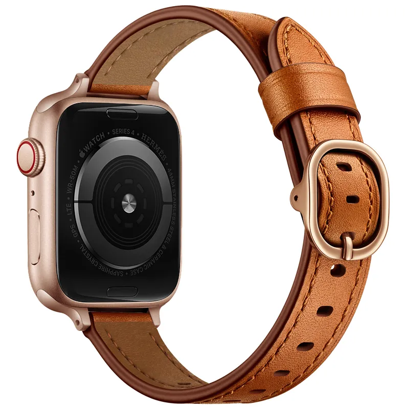 Bracelet en cuir pour montre apple, modèle Slim de remplacement, en cuir véritable, pour iWatch séries 5/4/3/2/1, pour hommes et femmes