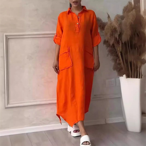 Tốt Nhất Bán Cộng Với Kích Thước Dài Dresses Phụ Nữ Giản Dị Cotton Linen Vải Nửa Tay Áo Ve Áo Maxi Dress Phụ Nữ Với Túi - Product Image 3