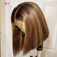Wig Bob 13x4 # 4/27 Highlight Rambut Lurus Brasil Tanpa Lem, Pre-Plucked, Garis Rambut Alami, Gaya Pendek untuk Wanita Kulit Hitam