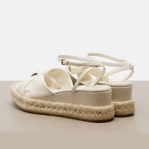 Sandales à talons compensés hauts pour femmes, en matériaux tressés fantaisie, à bout ouvert, avec nœud, grande taille 45, chaussures à plateforme à coupe large - Product Image 3