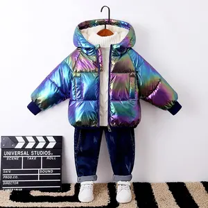 Winter colorful children's cotton puffer padded jacket boys and girls baby thick bread coat kid laser bright hooded down jacket