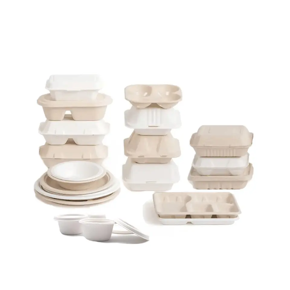 Vajilla para llevar de pulpa de papel Natural 100% respetuosa con el medio ambiente compostable, contenedor de comida biodegradable desechable, caja de bagazo para llevar