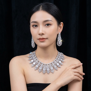 ชุดสร้อยคอและต่างหูชุบโรเดียมทองเหลืองประดับเพชร CZ สุดหรู สำหรับเจ้าสาว งานแต่งงาน ของขวัญ งานเลี้ยง งานปาร์ตี้ เครื่องประดับระยิบระยับ - Product Image 2