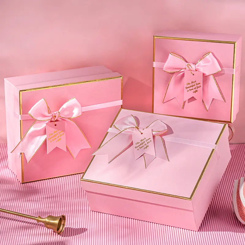 Individuelle rosa Verpackung wiederverwendbare Deckel- und Bodenbox aus Karton mit Bandschleife Geburtstagsgeschenkbox für Geschenk