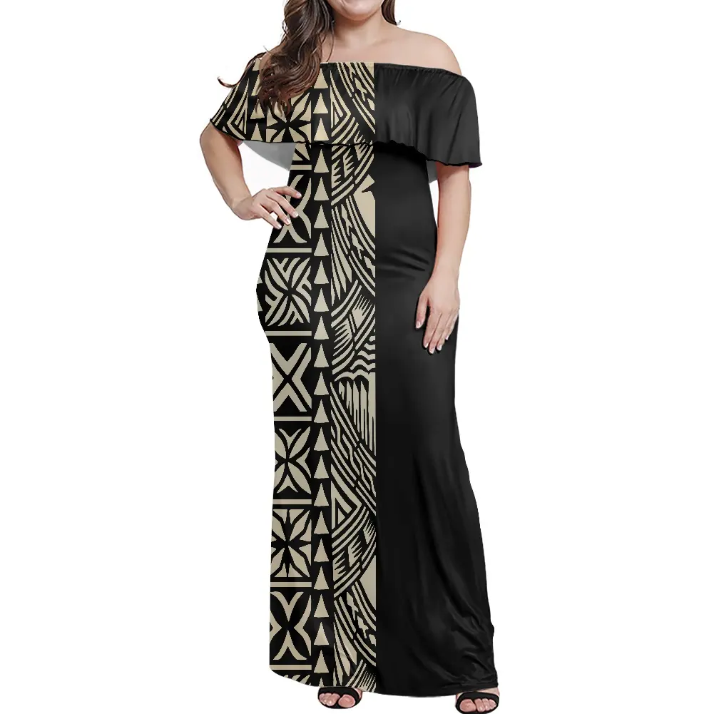 2023 Summer New Arrivals Custom Women Dresses Polynesian Monster leaf Trend Ruffle Off Shoulder Long Skirt Lady Plus Size Dress