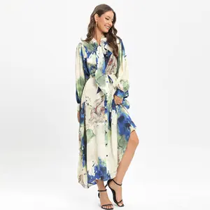 Clothes Women New Arrival Print Button Through Puff Sleeve Maxi Dress for Sprint Autumn