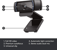 Webcam Logitech C920 HD Pro, Full HD 1080P 30fps, objectif en verre à mise au point automatique, 78 °   FOV, micros stéréo doubles, caméra web USB