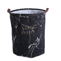 Panier de rangement pliable en coton et lin à motif marbré, imperméable, rond, style moderne minimaliste, pour chambre à coucher, avec poignée
