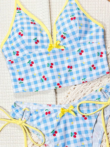 Ensemble <span class=keywords><strong>de</strong></span> bikini pour femmes, bleu à carreaux, imprimé cerises, avec volants, <span class=keywords><strong>maillot</strong></span> <span class=keywords><strong>de</strong></span> <span class=keywords><strong>bain</strong></span> taille haute - Product Image 5