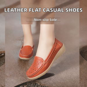 Chaussures plates décontractées d'été en cuir véritable pour femmes, antidérapantes, avec design creux en forme de haricot, semelle unique, confortables, à semelle plate - Product Image 2