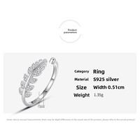 Bague ouverte ajustable en argent sterling 925 avec zircone cubique, style diamant, motif feuille, pour femme, vente en gros