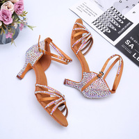 Chaussures de danse salsa latine marron 5cm 7cm, sandales à strass pour femmes, idéales pour la danse de salon et les soirées salsa