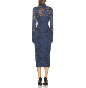 Custom Bodycon <strong>Midi</strong> <strong>Dress</strong> Long Sleeve Burnout Sexy High Neck Lace Slim Translucent Solid Empire Waist Trendy New - Product Image 3