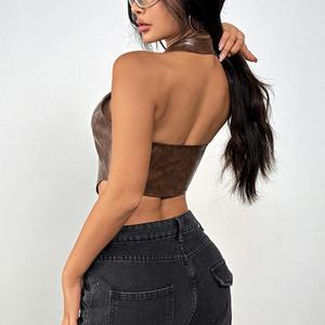 Nouveauté, hauts pour femmes de haute qualité, super sexy, style boîte de nuit, haut court à col en V profond, hauts en cuir ajustés avec cordon de serrage pour femmes - Product Image 3