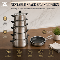 Zhenneng – Ensemble de 12 casseroles et poêles en acier inoxydable 304, 5 casseroles et 2 poêles, compatibles gaz et induction, résistant à la corrosion, durable
