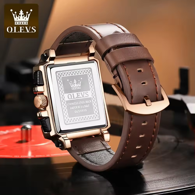 OLEVS Original Watch for Men Top Brand Luxury Hollow Square Sport Watch Fashion Leather Strap Waterproof Quartz Wristwatch 9919