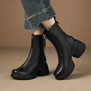 Bottines en cuir véritable de mouton de haute qualité, durables, élégantes, polyvalentes, couleur unie, antidérapantes, imperméables, à talon compensé mi-haut - Product Image 4