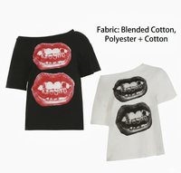 T-shirt graphique Y2K à épaules dénudées pour femme, imprimé lèvres tendance, manches longues, coupe décontractée en mélange de coton, crop top ample