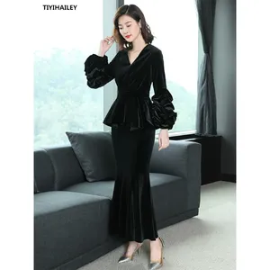 Thời Trang Dài Maxi Nhung Váy Phụ Nữ S-3XL Cá Phong Cách Nàng Tiên Cá Đuôi V Cổ Đèn Lồng Tay Áo Tops Một Bộ