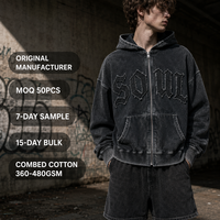 Sweat à capuche personnalisé en molleton épais 450 GSM, délavé anthracite vintage, avec appliqué effiloché, épaules tombantes, coutures délavées, style Gothic Soul, coupe courte zippée, streetwear