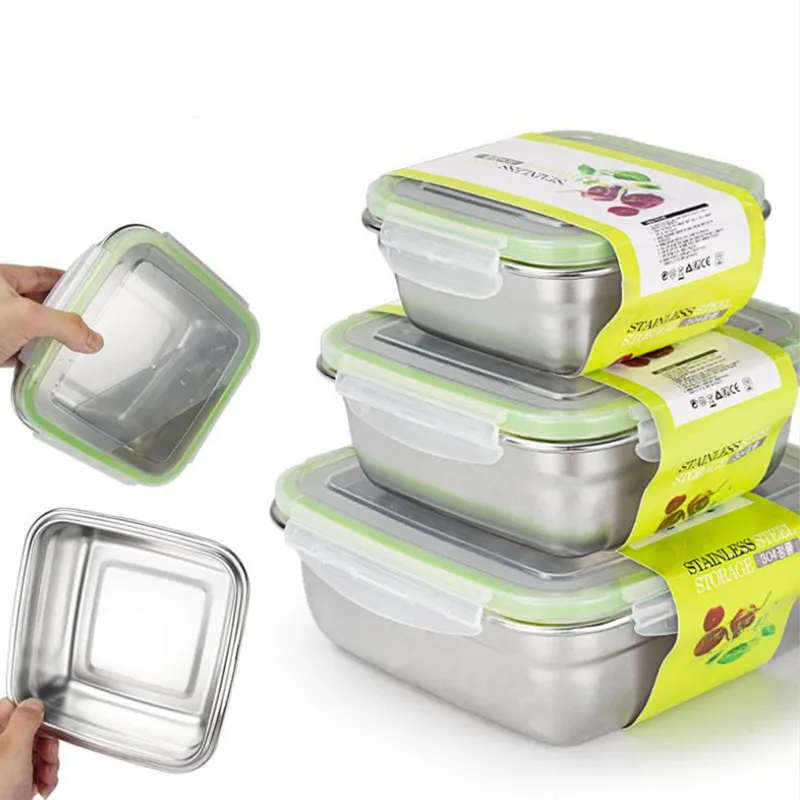 Low MOQ customized Non-leaking 18/8 Stainless steel food grade container 304 SS square food storage box with waterproof silicone