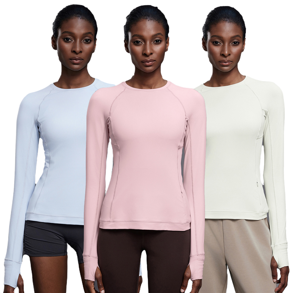 Custom Logo Round Neck Sports T-shirt Women's Elastic Tight Long Sleeve Yoga Wear Running Training Fitness Top Autumn