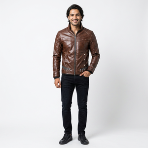 Customized Men's Coated Genuine <b>Leather</b> Varsity <b>Jacket</b> with Stand Collar Hooded Design Vintage Style Large Size - Product Image 1